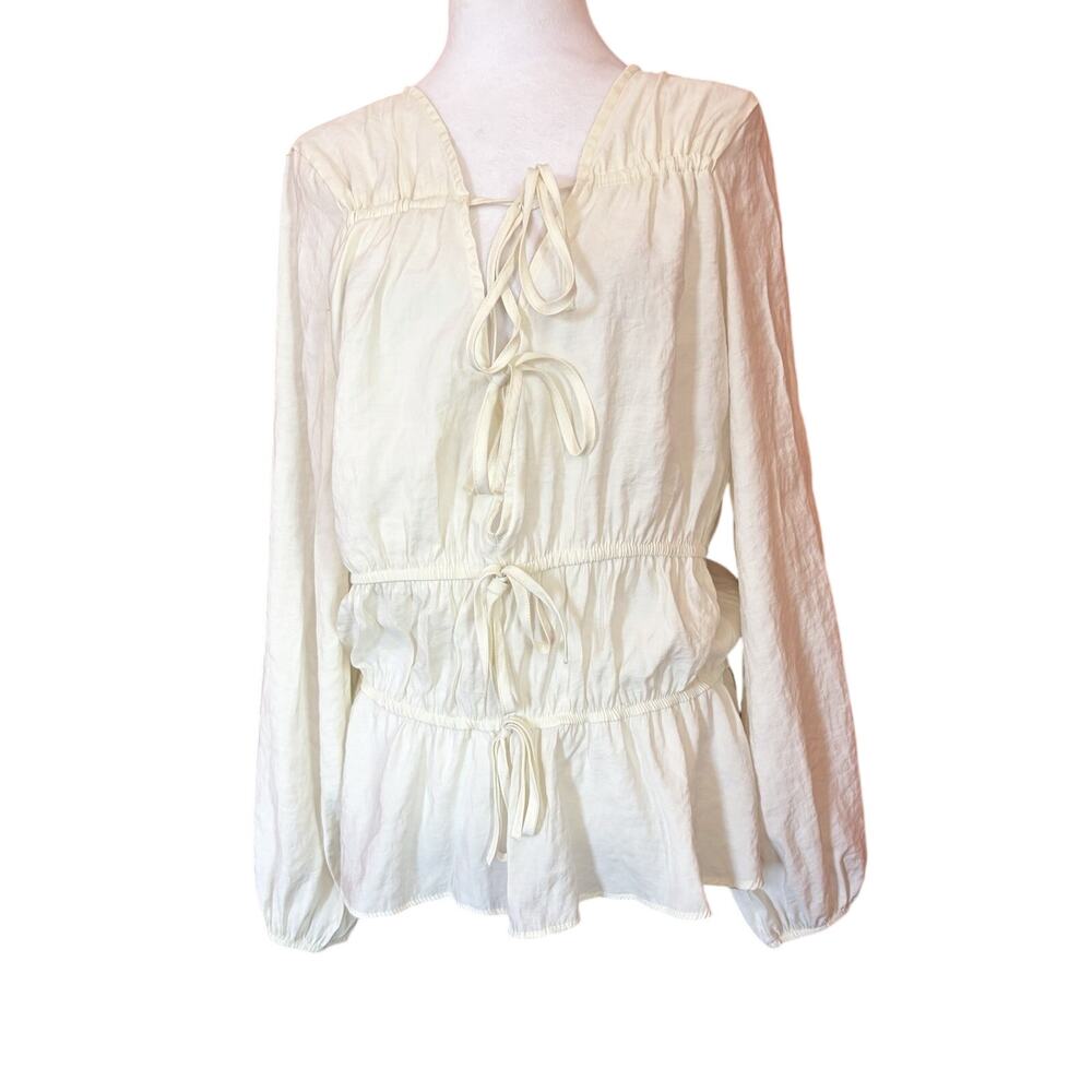 Top Shop Women’s Blouse Sz 8 Peplum Tie Front Deep V Neck Blouson Sleeve Cream